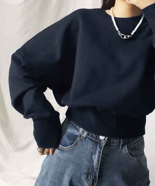 me+em select（ミームセレクト）の「【 新色追加／11色展開 】ショート丈ドルマンスリーブ裏毛トレーナー（スウェット・レディース・ネイビー/ベージュ/グレー/チャコール/パープル/イエロー系その他/ブラック/グリーン/ピンク/レッド/ブルー・FREE）」の12枚目の写真