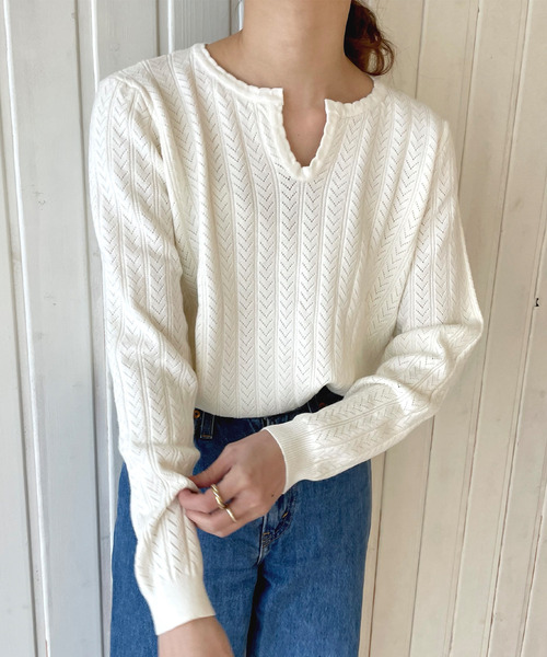 GIMME GIMME(ギミーギミー)の「【GIMME GIMME】Key collar knit gimw22s003(ニット/セーター・レディース・ブラウン/アイボリー・L/M)」の2枚目の写真