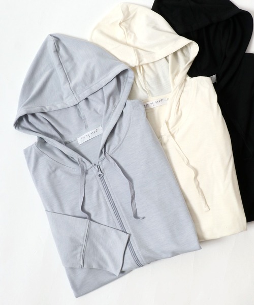 Salong hameu(サロン ハミュー)の「\5000枚販売突破/ UVカット加工・接触冷感・吸汗速乾ドライ・ストレッチ ジップアップパーカー レディース(パーカー・レディース・アイボリー/ライトブルー/イエロー/モカ/グレー/ブラック/ラベンダー/ベージュ/モスグリーン/サックスブルー・M/L)」の8枚目の写真