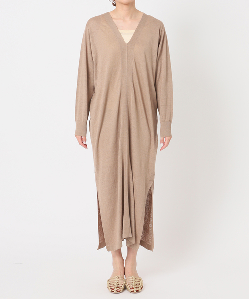 【美品☆】IENA LA BOUCLE リネン ローンオーバー ワンピース セール】IENA LA BOUCLE リネンニットVネックワンピース