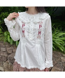 チョコPINKHOUSE クロスステッチ刺繍フリルブラウスハオリ クロスステッチ刺繍使いノースリーブブラウス｜ピンクハウス