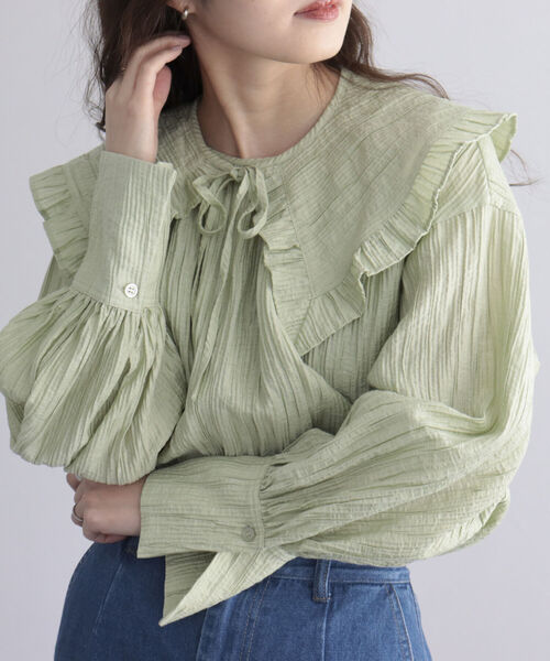 fredy emue（フレディエミュ）の「2way BIG衿ブラウス（シャツ/ブラウス・レディース・ブラック/ライトグリーン/アイボリー・38）」の3枚目の写真