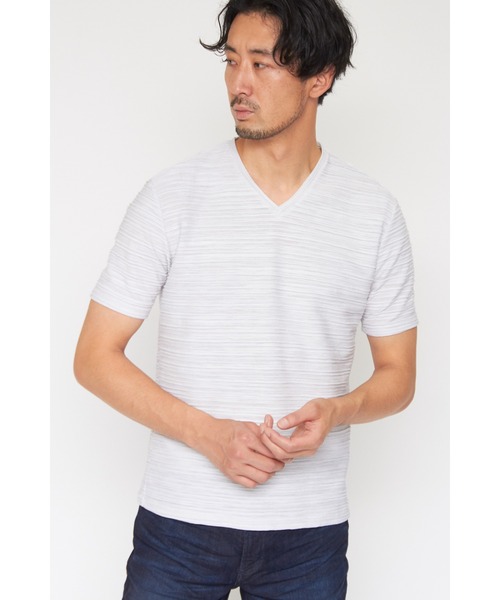 HIGH STREET（ハイストリート）の「HIGH STREET∴タックカノコボーダーVネックカットソー（Tシャツ/カットソー・メンズ・ホワイト/ブラック/ブルー・L/LL/M）」の2枚目の写真