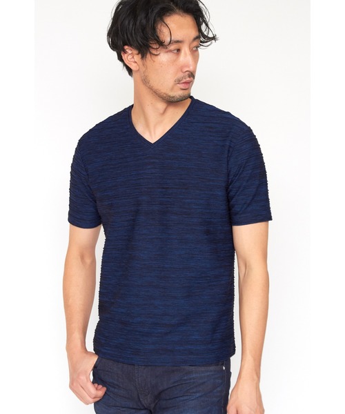 HIGH STREET（ハイストリート）の「HIGH STREET∴タックカノコボーダーVネックカットソー（Tシャツ/カットソー・メンズ・ホワイト/ブラック/ブルー・L/LL/M）」の3枚目の写真