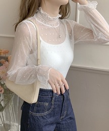 tシャツ レースハイネックリブカットソー レディース レースハイネックトップス レースハイネック」に該当するTシャツ