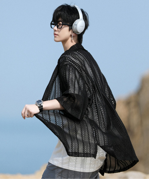 neos(ネオス)の「【neos -addictive design-】ビッグシルエット バルファレース メッシュ ストライプ ハーフスリーブ シアー シャツ(シャツ/ブラウス・メンズ・グレー系その他/グレー/ブラック/イエロー/ブルーグレー/ブルー系・LARGE/MEDIUM)」の2枚目の写真