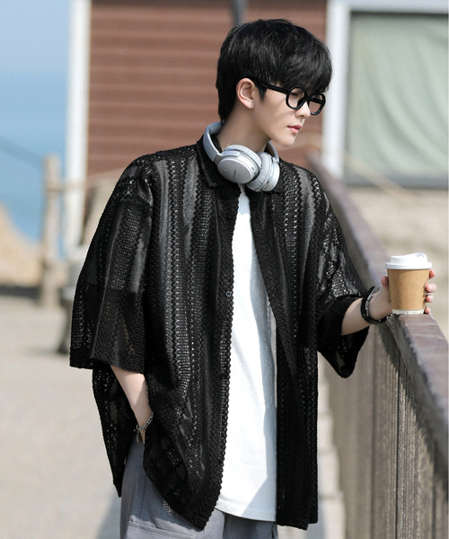 neos(ネオス)の「【neos -addictive design-】ビッグシルエット バルファレース メッシュ ストライプ ハーフスリーブ シアー シャツ(シャツ/ブラウス・メンズ・グレー系その他/グレー/ブラック/イエロー/ブルーグレー/ブルー系・LARGE/MEDIUM)」の7枚目の写真