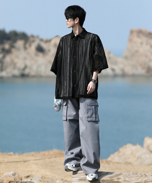 neos(ネオス)の「【neos -addictive design-】ビッグシルエット バルファレース メッシュ ストライプ ハーフスリーブ シアー シャツ(シャツ/ブラウス・メンズ・グレー系その他/グレー/ブラック/イエロー/ブルーグレー/ブルー系・LARGE/MEDIUM)」の8枚目の写真