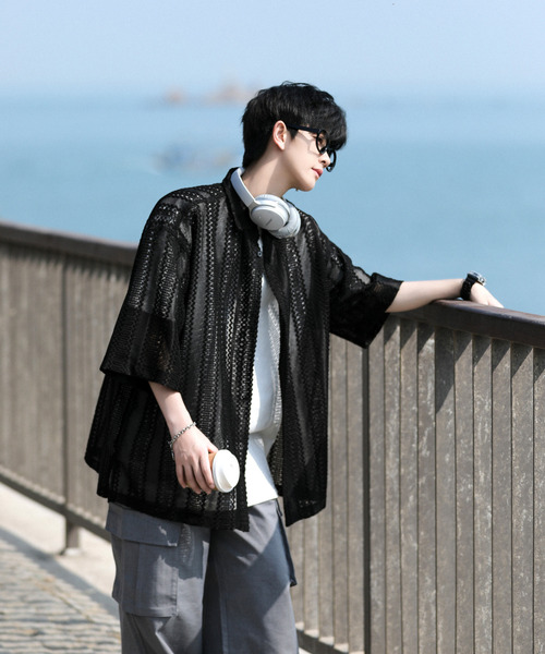 neos(ネオス)の「【neos -addictive design-】ビッグシルエット バルファレース メッシュ ストライプ ハーフスリーブ シアー シャツ(シャツ/ブラウス・メンズ・グレー系その他/グレー/ブラック/イエロー/ブルーグレー/ブルー系・LARGE/MEDIUM)」の10枚目の写真