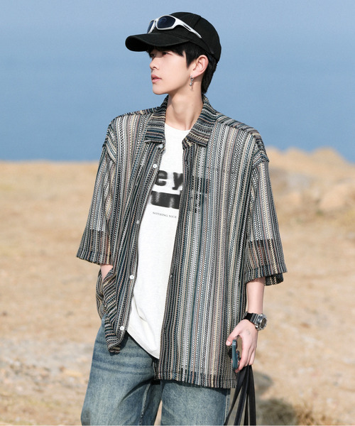 neos(ネオス)の「【neos -addictive design-】ビッグシルエット バルファレース メッシュ ストライプ ハーフスリーブ シアー シャツ(シャツ/ブラウス・メンズ・グレー系その他/グレー/ブラック/イエロー/ブルーグレー/ブルー系・LARGE/MEDIUM)」の12枚目の写真