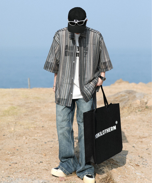 neos(ネオス)の「【neos -addictive design-】ビッグシルエット バルファレース メッシュ ストライプ ハーフスリーブ シアー シャツ(シャツ/ブラウス・メンズ・グレー系その他/グレー/ブラック/イエロー/ブルーグレー/ブルー系・LARGE/MEDIUM)」の13枚目の写真
