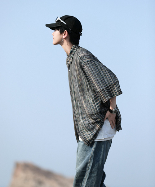 neos(ネオス)の「【neos -addictive design-】ビッグシルエット バルファレース メッシュ ストライプ ハーフスリーブ シアー シャツ(シャツ/ブラウス・メンズ・グレー系その他/グレー/ブラック/イエロー/ブルーグレー/ブルー系・LARGE/MEDIUM)」の14枚目の写真