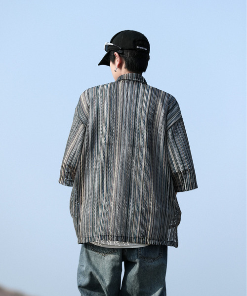 neos(ネオス)の「【neos -addictive design-】ビッグシルエット バルファレース メッシュ ストライプ ハーフスリーブ シアー シャツ(シャツ/ブラウス・メンズ・グレー系その他/グレー/ブラック/イエロー/ブルーグレー/ブルー系・LARGE/MEDIUM)」の15枚目の写真