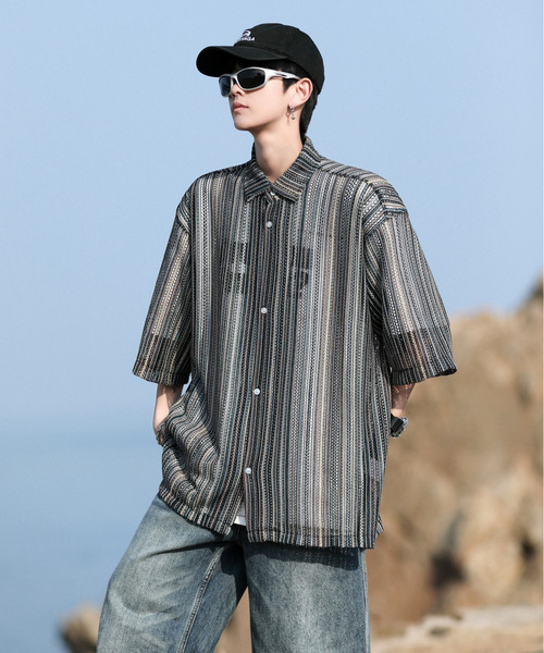 neos(ネオス)の「【neos -addictive design-】ビッグシルエット バルファレース メッシュ ストライプ ハーフスリーブ シアー シャツ(シャツ/ブラウス・メンズ・グレー系その他/グレー/ブラック/イエロー/ブルーグレー/ブルー系・LARGE/MEDIUM)」の16枚目の写真
