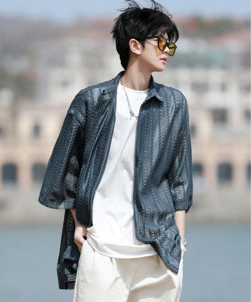 neos(ネオス)の「【neos -addictive design-】ビッグシルエット バルファレース メッシュ ストライプ ハーフスリーブ シアー シャツ(シャツ/ブラウス・メンズ・グレー系その他/グレー/ブラック/イエロー/ブルーグレー/ブルー系・LARGE/MEDIUM)」の17枚目の写真