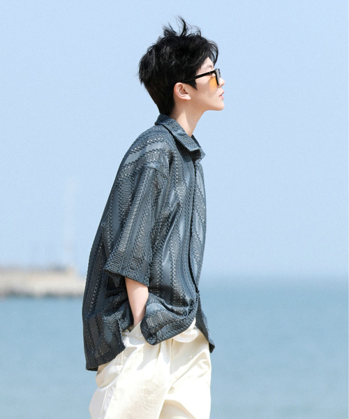neos(ネオス)の「【neos -addictive design-】ビッグシルエット バルファレース メッシュ ストライプ ハーフスリーブ シアー シャツ(シャツ/ブラウス・メンズ・グレー系その他/グレー/ブラック/イエロー/ブルーグレー/ブルー系・LARGE/MEDIUM)」の20枚目の写真