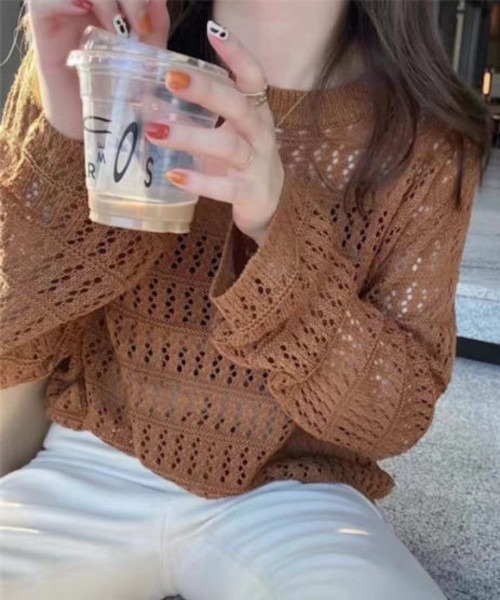 MASHIRO（マシロ）の「【MASHIRO】レースショートサマーニット（ニット/セーター・レディース・ブラウン/グリーン/ホワイト/ベージュ/ブラック・FREE）」の4枚目の写真