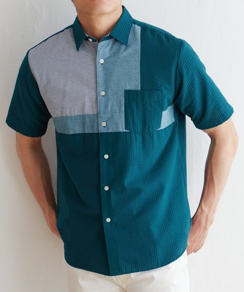 ikka(イッカ)の「サッカーブロック切り替えシャツ(シャツ/ブラウス・メンズ・ホワイト/ネイビー/グリーン・M/L/XL/S)」の2枚目の写真