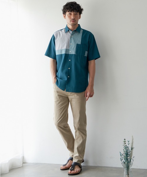 ikka(イッカ)の「サッカーブロック切り替えシャツ(シャツ/ブラウス・メンズ・ホワイト/ネイビー/グリーン・M/L/XL/S)」の4枚目の写真