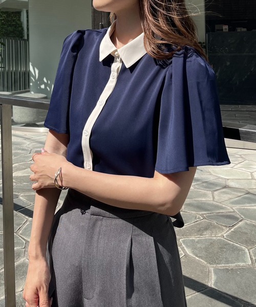 one after another NICE CLAUP（ワンアフターアナザーナイスクラップ）の「【WEB限定商品】バイカラーフレアスリーブブラウス（シャツ/ブラウス・レディース・アイボリー/ピンクベージュ/ネイビー/ドット・FREE）」の19枚目の写真