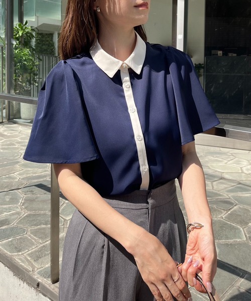 one after another NICE CLAUP（ワンアフターアナザーナイスクラップ）の「【WEB限定商品】バイカラーフレアスリーブブラウス（シャツ/ブラウス・レディース・アイボリー/ピンクベージュ/ネイビー/ドット・FREE）」の18枚目の写真