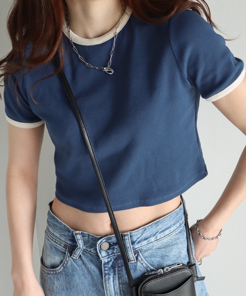 COURO(コウロ)の「テレコショート丈ヘンリーネックTシャツ/リンガーTシャツ(Tシャツ/カットソー・レディース・ホワイト×ブラック/ブラック系/グレー系/アイボリー系/ネイビー系/アイボリー/ホワイト/ブラック/ネイビー/杢グレー・M/L)」の10枚目の写真