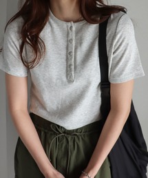 COURO | テレコショート丈ヘンリーネックTシャツ/リンガーTシャツ(Tシャツ/カットソー)