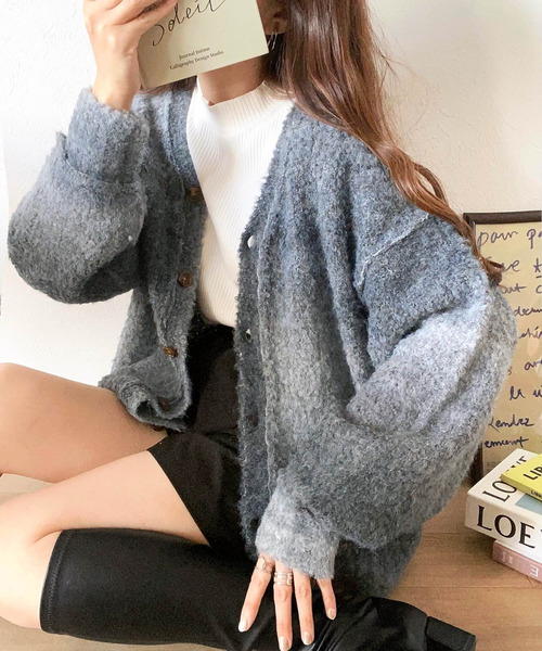 mily bilet（ミウィビレット）の「【mily bilet】ラフに旬顔スタイル。配色グラデーション ニットカーディガン（カーディガン/ボレロ・レディース・ブラック/ブラウン/ピンク/イエロー・LARGE/MEDIUM/SMALL/X-LARGE）」の6枚目の写真