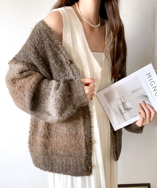 mily bilet（ミウィビレット）の「【mily bilet】ラフに旬顔スタイル。配色グラデーション ニットカーディガン（カーディガン/ボレロ・レディース・ブラック/ブラウン/ピンク/イエロー・LARGE/MEDIUM/SMALL/X-LARGE）」の15枚目の写真