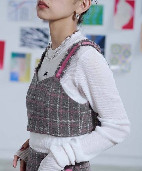 miette(ミエット)の「チェック柄フリンジビスチェ(Tシャツ/カットソー・レディース・グレー/ネイビー・FREE)」の5枚目の写真