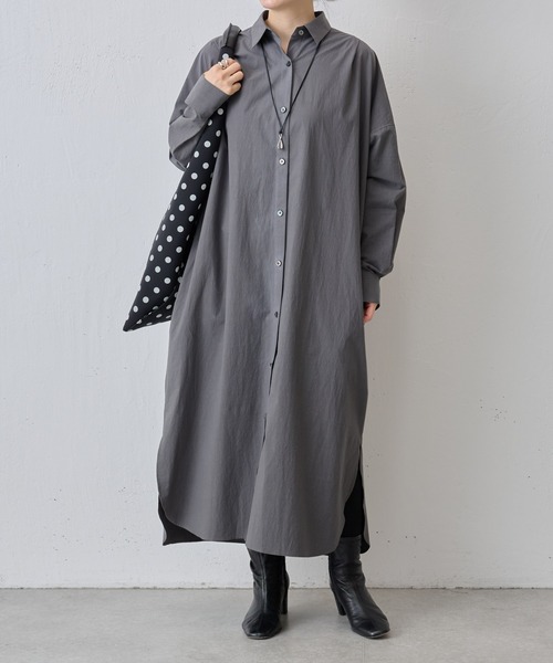 BEARDSLEY　背中フリルシャツワンピース　グレー　ビアズリー　洗える　長袖 BEARDSLEY 背中フリルシャツワンピース グレー ビアズリー