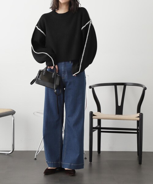 FREE'S MART（フリーズマート）の「◆杢ストレッチ総針配色ステッチニット（ニット/セーター・レディース・グリーン/パープル/ホワイト/ベージュ/ブラック・FREE）」の6枚目の写真