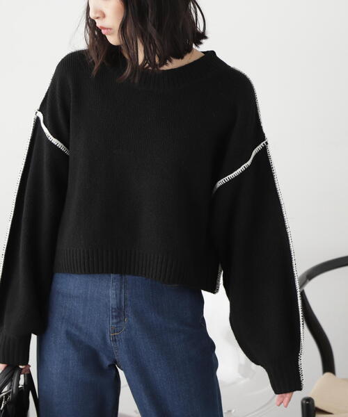 FREE'S MART（フリーズマート）の「◆杢ストレッチ総針配色ステッチニット（ニット/セーター・レディース・グリーン/パープル/ホワイト/ベージュ/ブラック・FREE）」の7枚目の写真