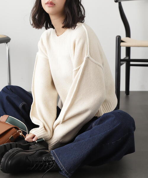 FREE'S MART（フリーズマート）の「◆杢ストレッチ総針配色ステッチニット（ニット/セーター・レディース・グリーン/パープル/ホワイト/ベージュ/ブラック・FREE）」の2枚目の写真