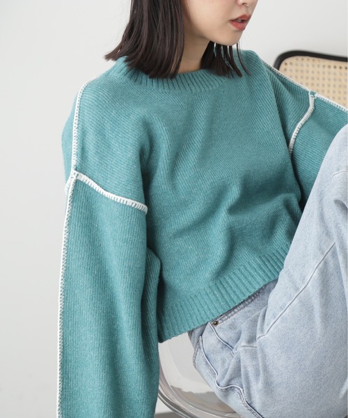 FREE'S MART（フリーズマート）の「◆杢ストレッチ総針配色ステッチニット（ニット/セーター・レディース・グリーン/パープル/ホワイト/ベージュ/ブラック・FREE）」の4枚目の写真