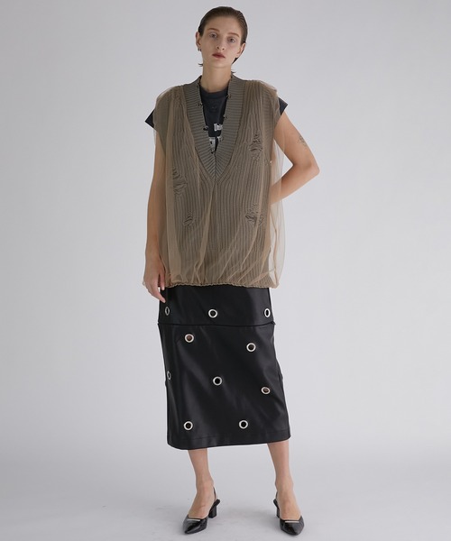 PRANK PROJECT（プランクプロジェクト）の「アイレットヴィーガンレザースカート / Eyelet Vegan Leather Skirt（スカート・レディース・ベージュ/ブラック・38/36）」の4枚目の写真