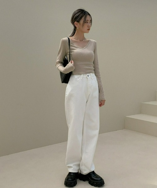 【TOTEMEトーテム】シャツスタイルドレス Vネック 長袖 ブラック Tシャツ レディース トップス 長袖 無地 Vネック ビッグT・再販