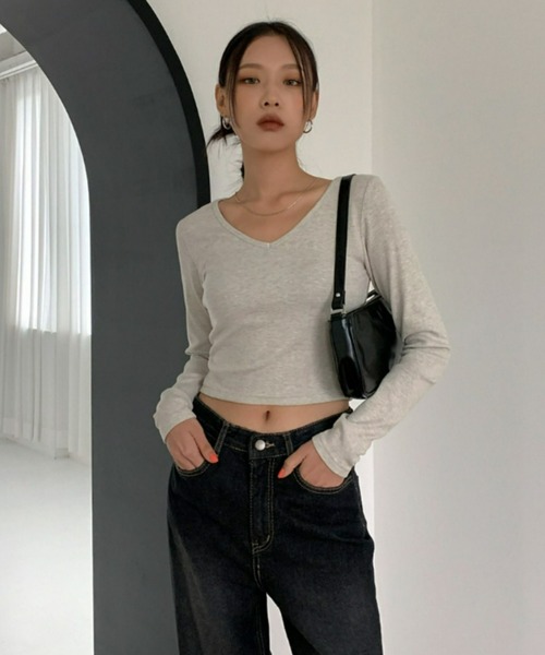 determブラック長袖Tシャツ Vネック レースアップ original] ウィザーVネックレイヤード長袖Tシャツ