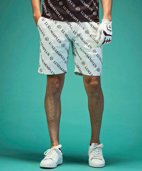 【特価】【LUXEAKMPLUS】 ゴルフ 総柄ロゴハーフパンツ　ブラック LUXEAKMPLUS(リュクスエイケイエムプラス)ゴルフ サイドロゴ