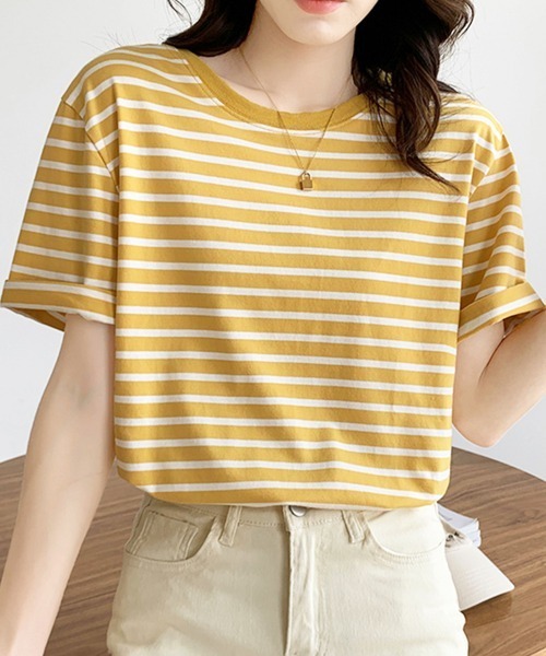 Miniministore(ミニミニストア)の「カラーボーダー Tシャツ レディース半袖(Tシャツ/カットソー・レディース・グリーン/ダークネイビー/ブルー/イエロー・FREE)」の4枚目の写真