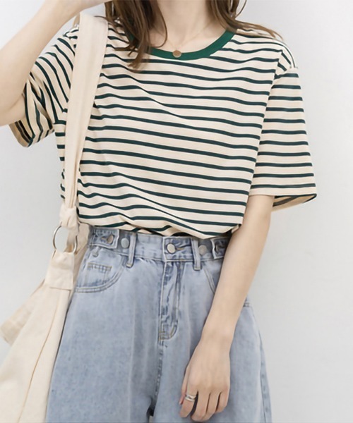 Miniministore(ミニミニストア)の「カラーボーダー Tシャツ レディース半袖(Tシャツ/カットソー・レディース・グリーン/ダークネイビー/ブルー/イエロー・FREE)」の1枚目の写真