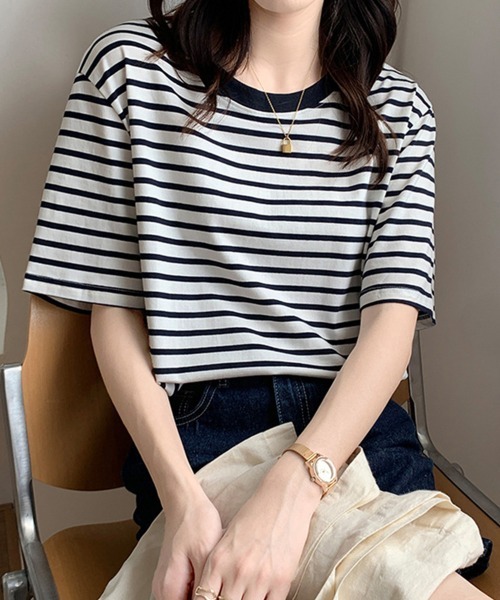 Miniministore(ミニミニストア)の「カラーボーダー Tシャツ レディース半袖(Tシャツ/カットソー・レディース・グリーン/ダークネイビー/ブルー/イエロー・FREE)」の3枚目の写真