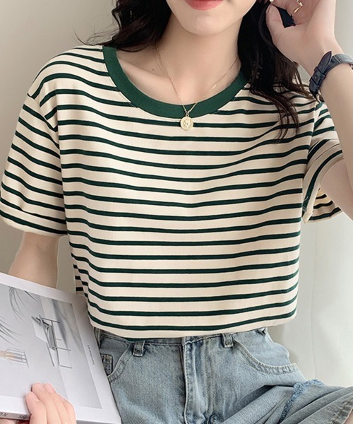 Miniministore(ミニミニストア)の「カラーボーダー Tシャツ レディース半袖(Tシャツ/カットソー・レディース・グリーン/ダークネイビー/ブルー/イエロー・FREE)」の5枚目の写真
