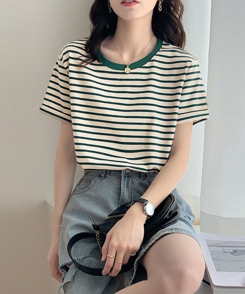 Miniministore(ミニミニストア)の「カラーボーダー Tシャツ レディース半袖(Tシャツ/カットソー・レディース・グリーン/ダークネイビー/ブルー/イエロー・FREE)」の6枚目の写真