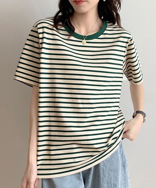 Miniministore(ミニミニストア)の「カラーボーダー Tシャツ レディース半袖(Tシャツ/カットソー・レディース・グリーン/ダークネイビー/ブルー/イエロー・FREE)」の7枚目の写真