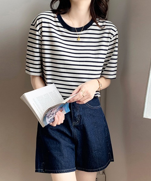 Miniministore(ミニミニストア)の「カラーボーダー Tシャツ レディース半袖(Tシャツ/カットソー・レディース・グリーン/ダークネイビー/ブルー/イエロー・FREE)」の8枚目の写真