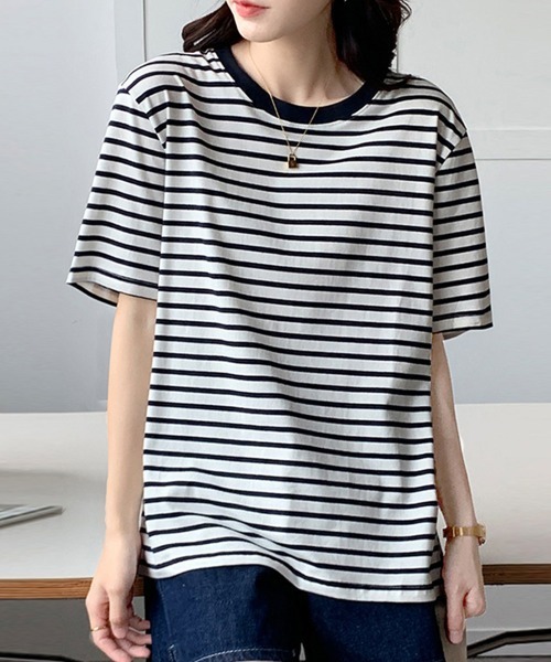 Miniministore(ミニミニストア)の「カラーボーダー Tシャツ レディース半袖(Tシャツ/カットソー・レディース・グリーン/ダークネイビー/ブルー/イエロー・FREE)」の9枚目の写真