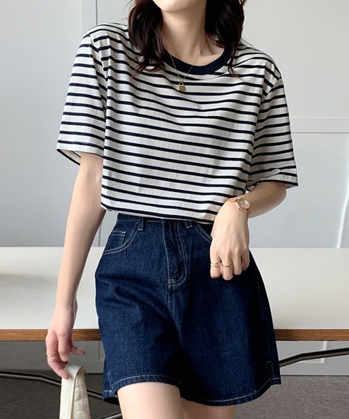 Miniministore(ミニミニストア)の「カラーボーダー Tシャツ レディース半袖(Tシャツ/カットソー・レディース・グリーン/ダークネイビー/ブルー/イエロー・FREE)」の10枚目の写真