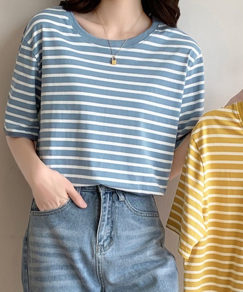 Miniministore(ミニミニストア)の「カラーボーダー Tシャツ レディース半袖(Tシャツ/カットソー・レディース・グリーン/ダークネイビー/ブルー/イエロー・FREE)」の11枚目の写真