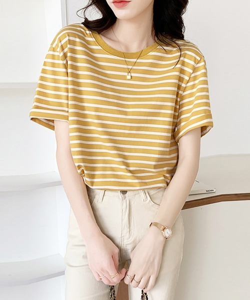 Miniministore(ミニミニストア)の「カラーボーダー Tシャツ レディース半袖(Tシャツ/カットソー・レディース・グリーン/ダークネイビー/ブルー/イエロー・FREE)」の13枚目の写真